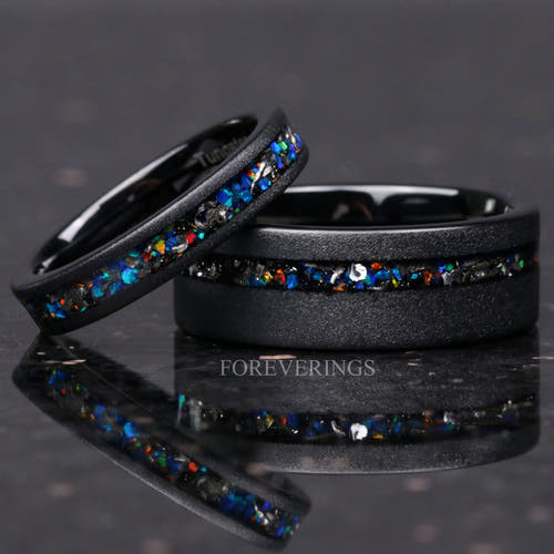 Matching black sandblasted tungsten couples ring set with meteorite and galaxy opal inlay, 8mm and 4mm