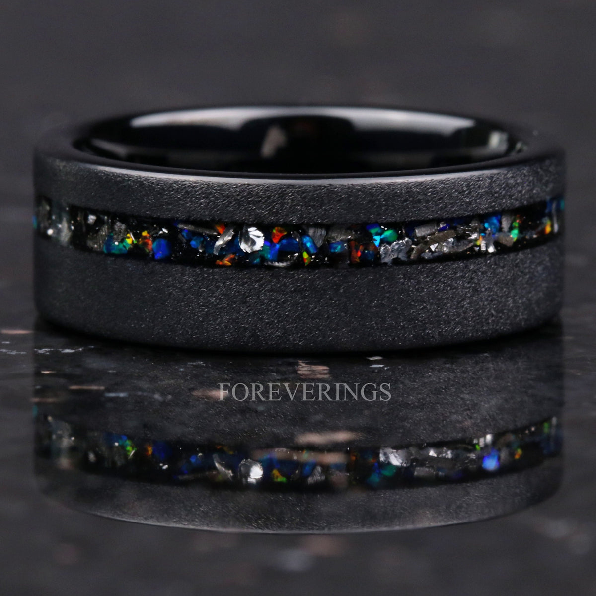 Meteorite and Opal Black Tungsten Band | Mens Wedding Ring | 8mm