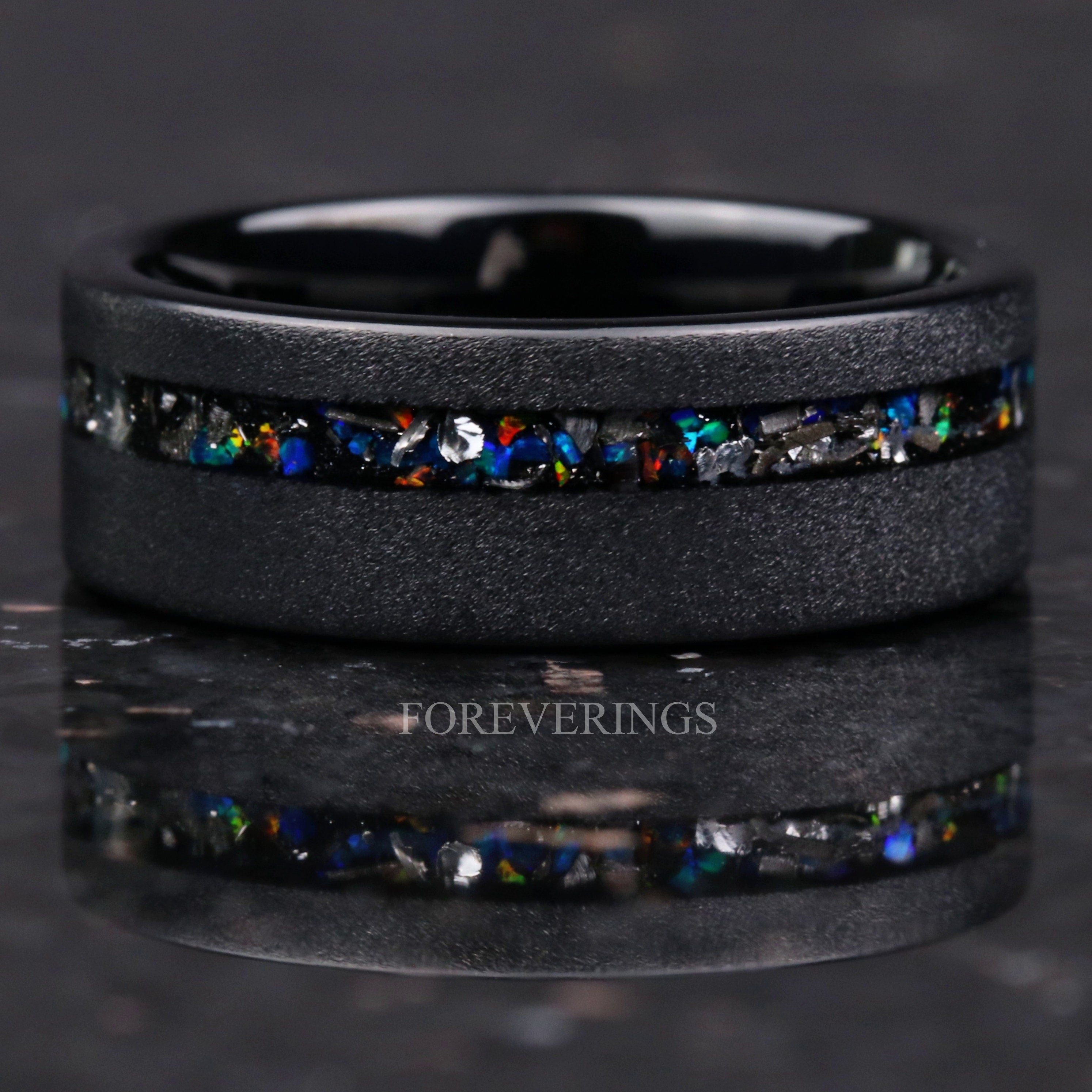 Meteorite and Galaxy Opal Wedding Band, 8mm Black Tungsten Ring, Smooth, Flat, Sandblasted, Comfort Fit, Gift for Him, Unique Ring