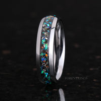 Meteorite and Galaxy Opal Ring Set, His and Hers Tungsten Wedding Bands, 6mm & 4mm Silver Ring Set, Couples Ring, Polish, Dome, Comfort Fit