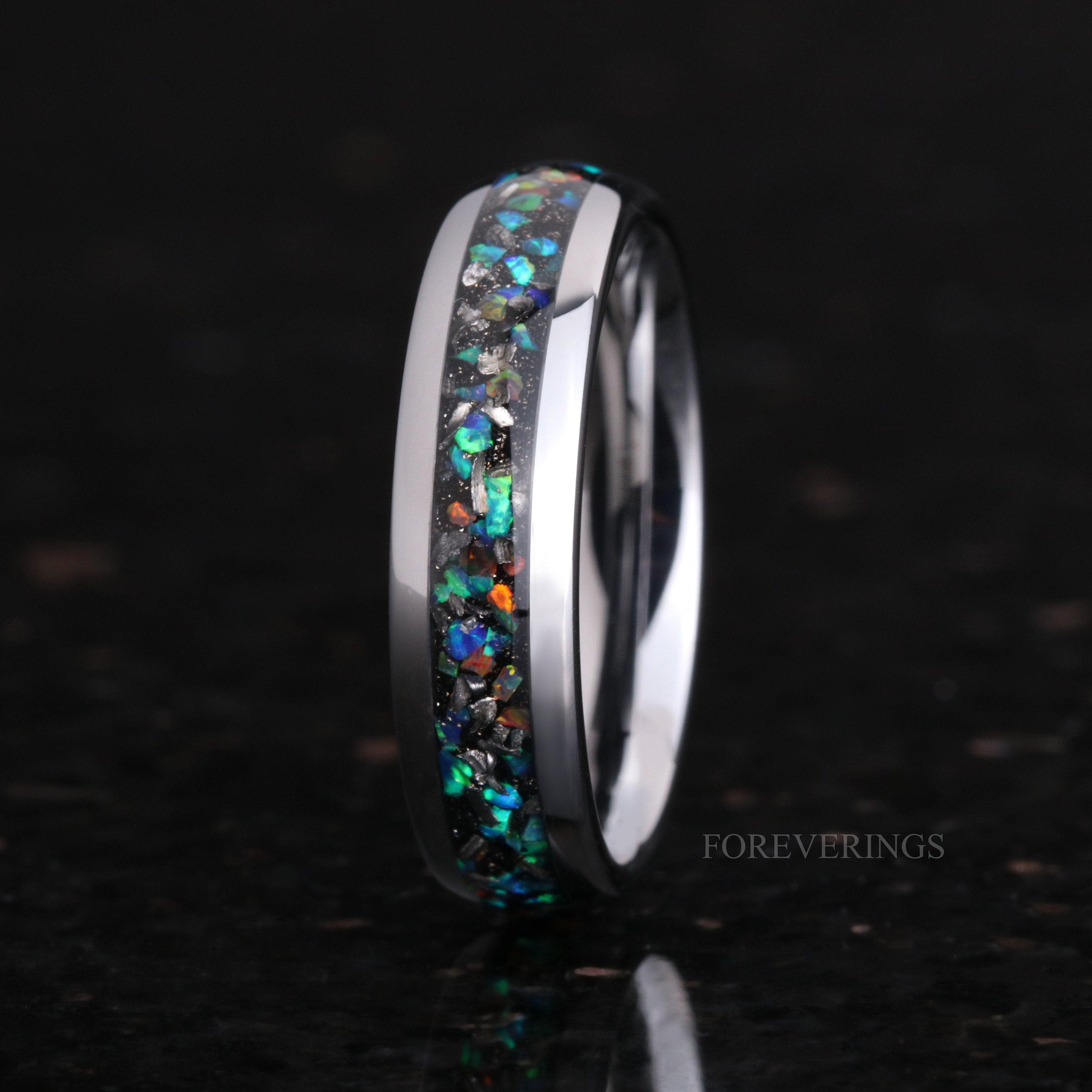 Meteorite and Galaxy Opal Ring Set, His and Hers Tungsten Wedding Bands, 6mm & 4mm Silver Ring Set, Couples Ring, Polish, Dome, Comfort Fit