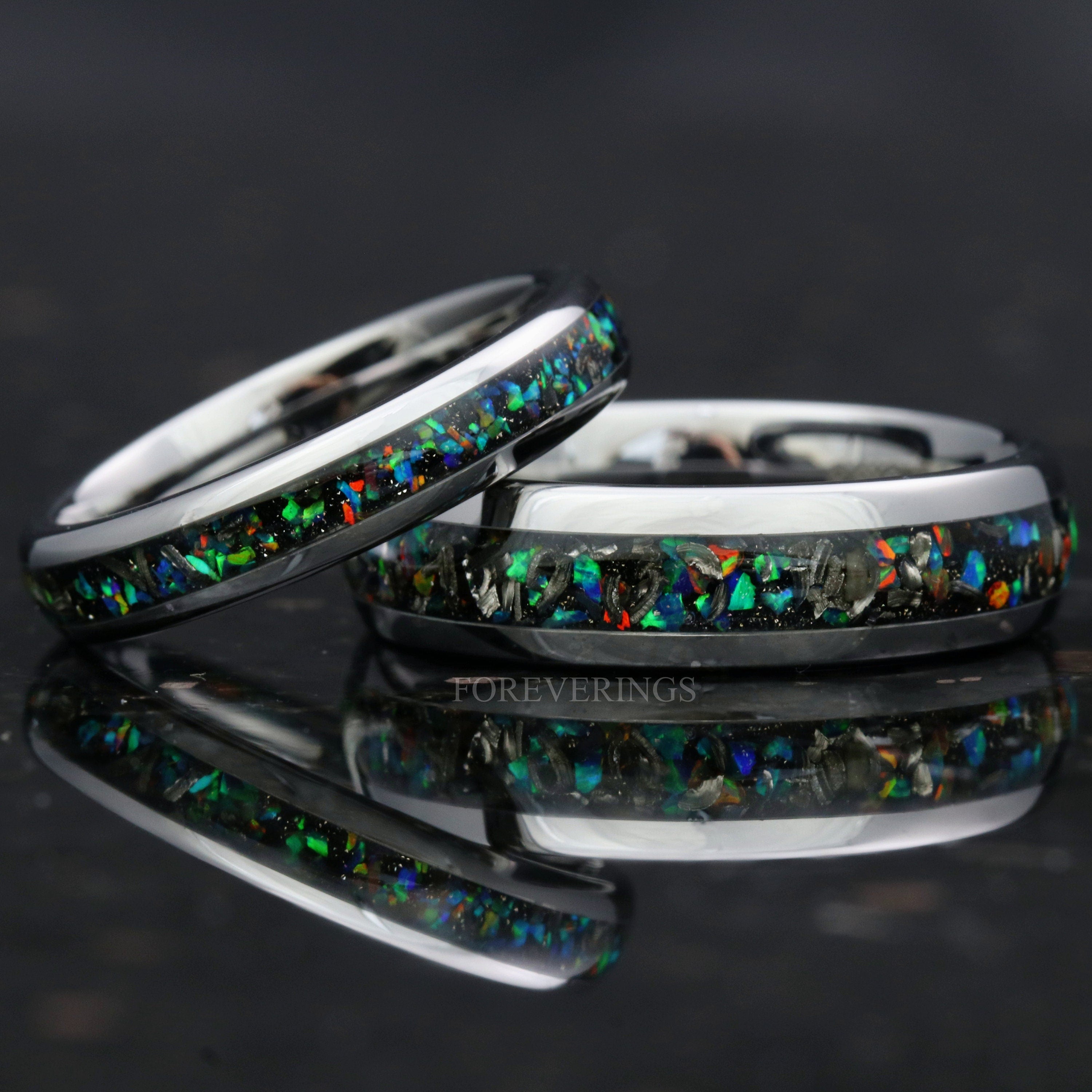 Meteorite and Galaxy Opal Ring Set, His and Hers Tungsten Wedding Bands, 6mm & 4mm Silver Ring Set, Couples Ring, Polish, Dome, Comfort Fit