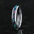 Women's 4mm polished silver tungsten galaxy opal ring standing upright