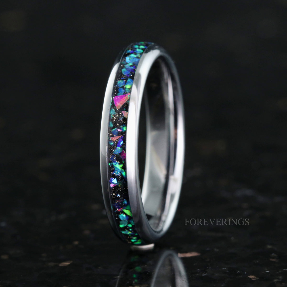 Galaxy Opal Ring for Women | 4mm Celestial Silver Tungsten Band