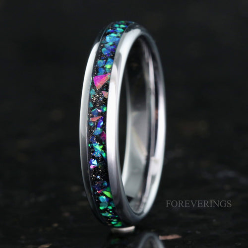 Galaxy Opal Ring for Women | 4mm Celestial Silver Tungsten Band