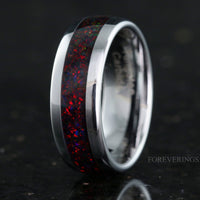 Black Fire Opal Ring | Mens Silver Tungsten Wedding Band | 8mm