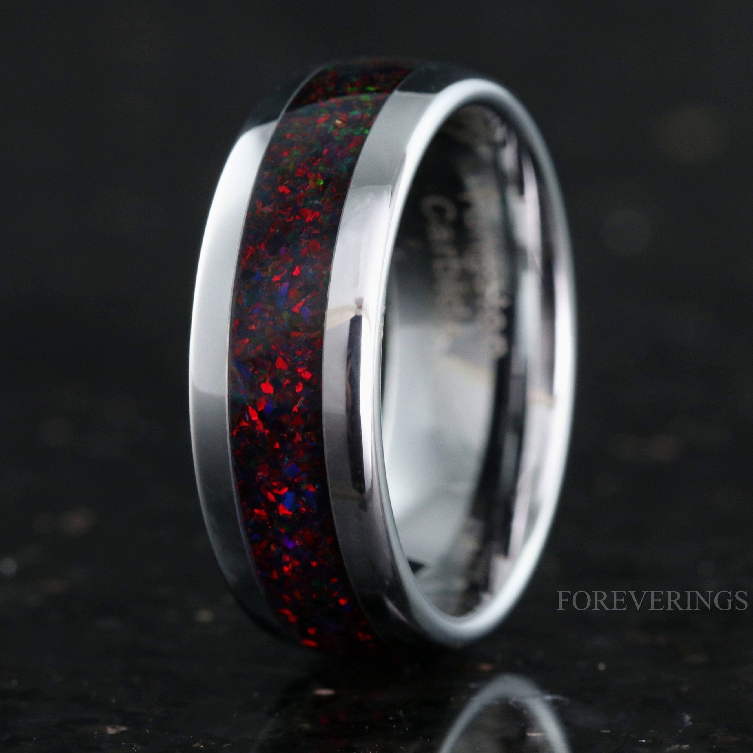 Black Fire Opal Ring, 8mm Silver Tungsten Ring, Men Wedding Band, Crushed Black Opal, Polished, Dome, Smooth Ring, Comfort Fit, Unique Ring