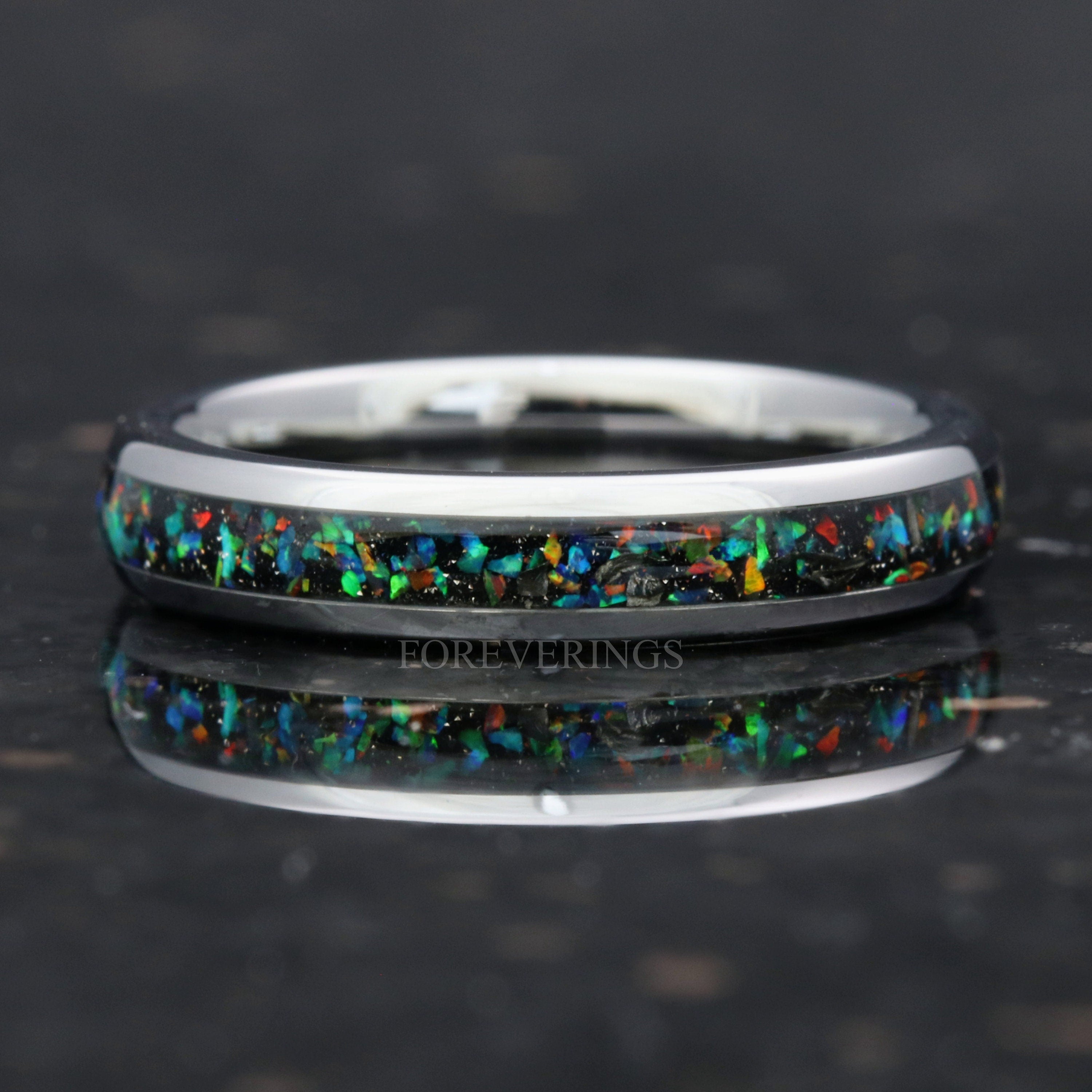 Meteorite and Galaxy Opal Wedding Band, 4mm Silver Tungsten Ring, Women Men Ring, Domed, Polished, Comfort Fit, Birthday Anniversary Gift