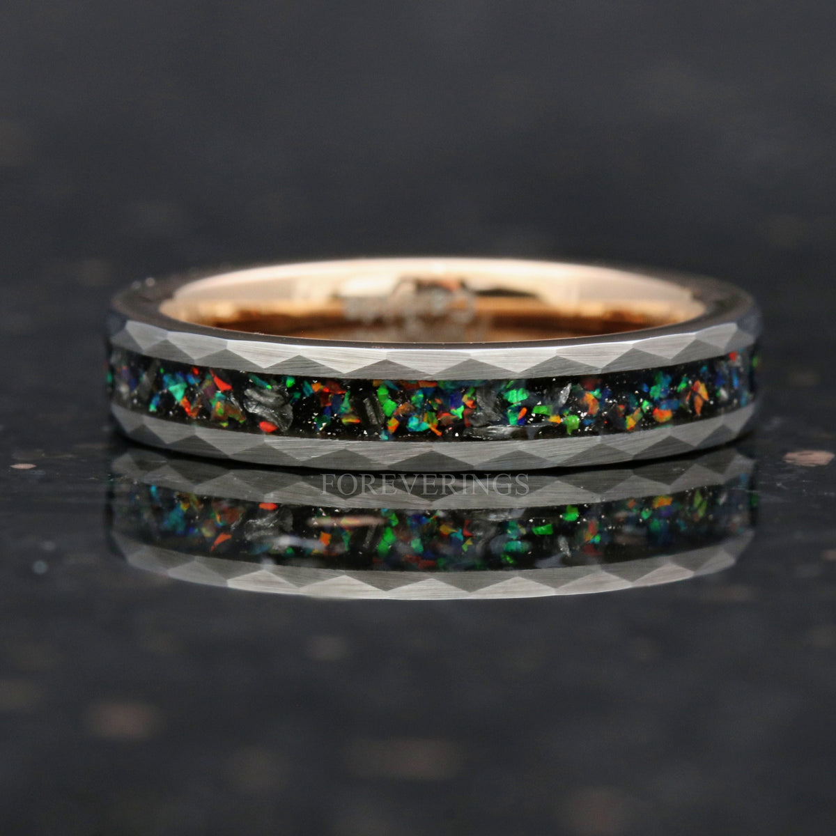 Meteorite and Opal Two-Tone Tungsten Band | Rose Gold Wedding Ring | 4mm