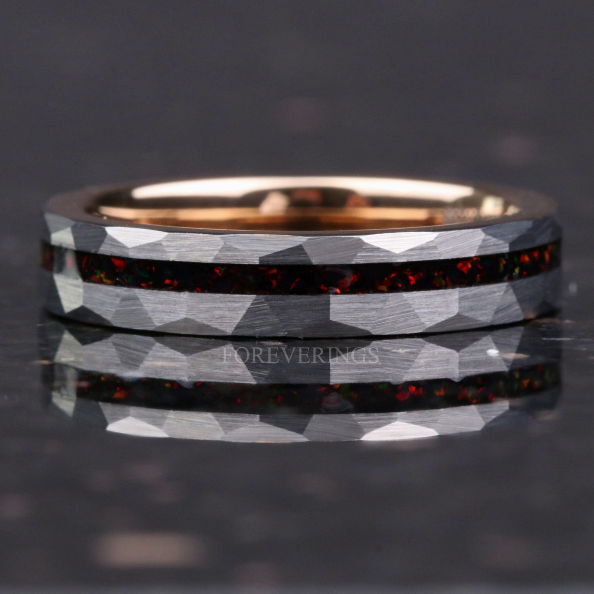 Black Fire Opal | Two Tone Rose Gold Tungsten Band