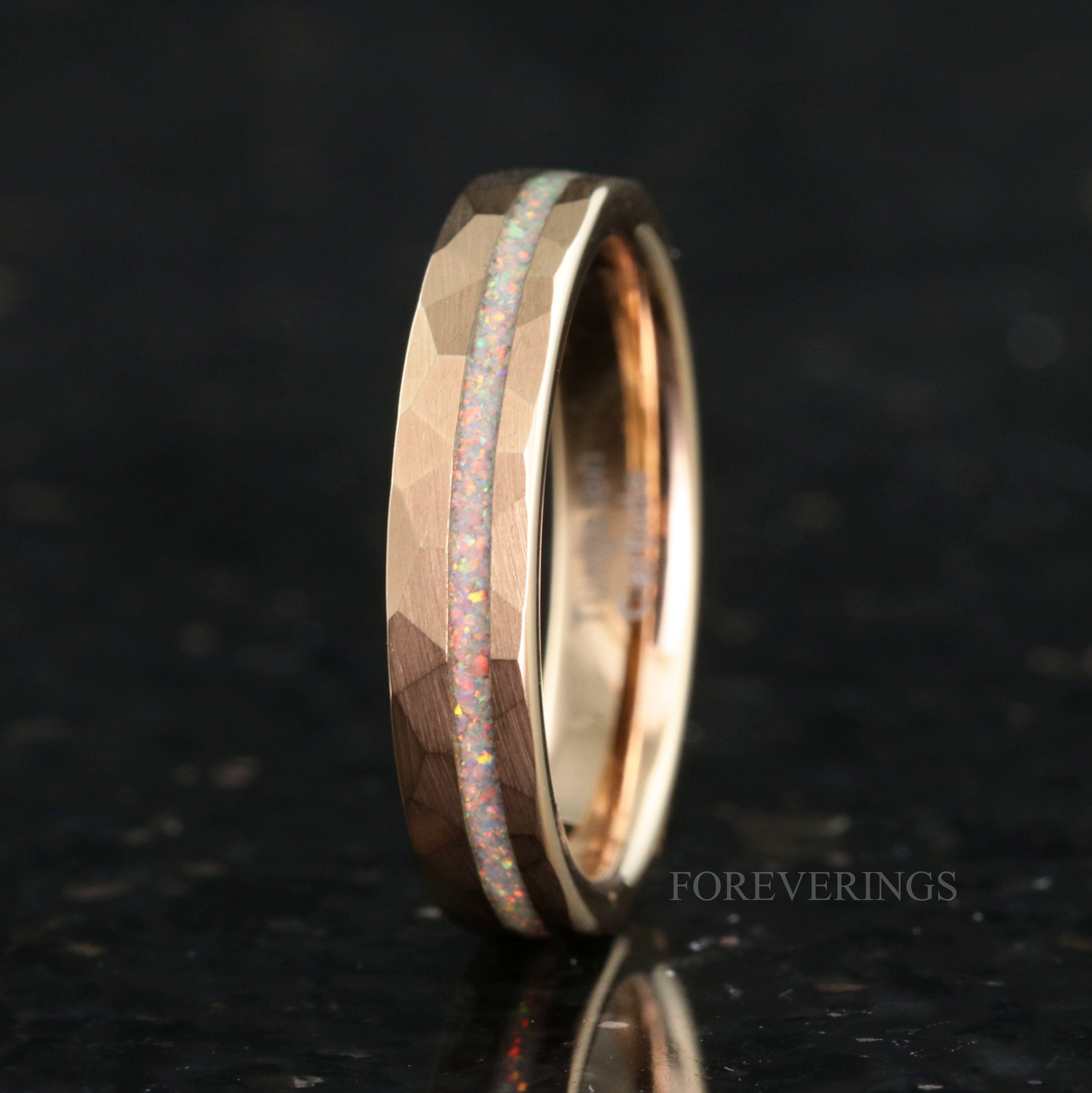 Rose Gold Ring Set, His Her Wedding Band, Engraving, White Fire Opal Ring Set, 7mm & 4mm Rings, Rose Gold Tungsten Band, Hammer, Flat, Brush