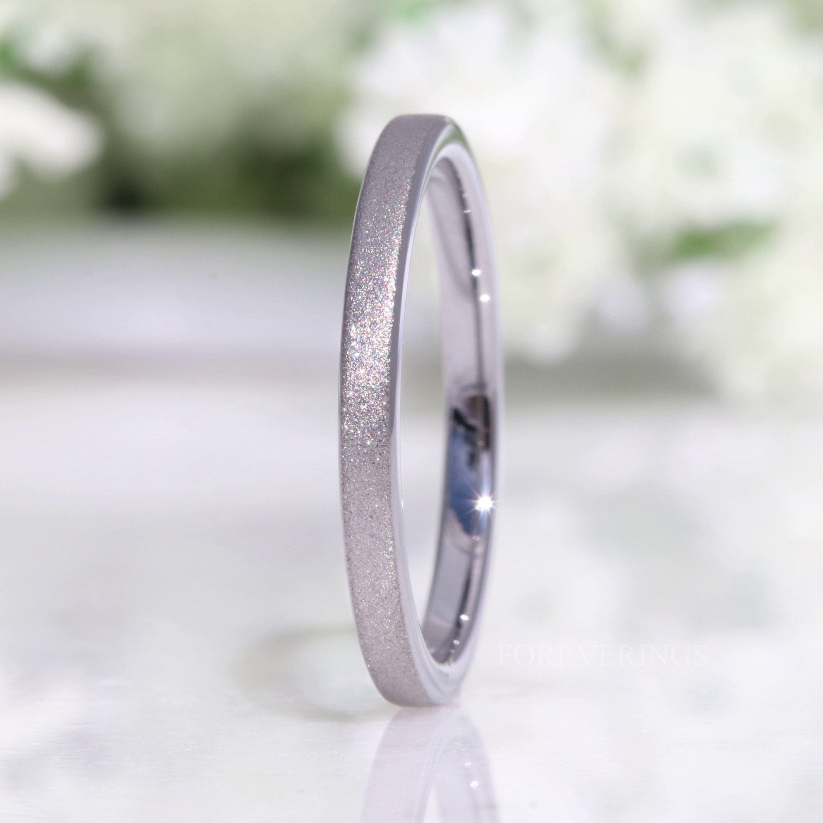 Flat Silver Sandblasted Tungsten Ring, 2mm Womens Wedding Band, Simple and Unique Sparkling Band, Thin Silver Ring, Custom Engraved Ring