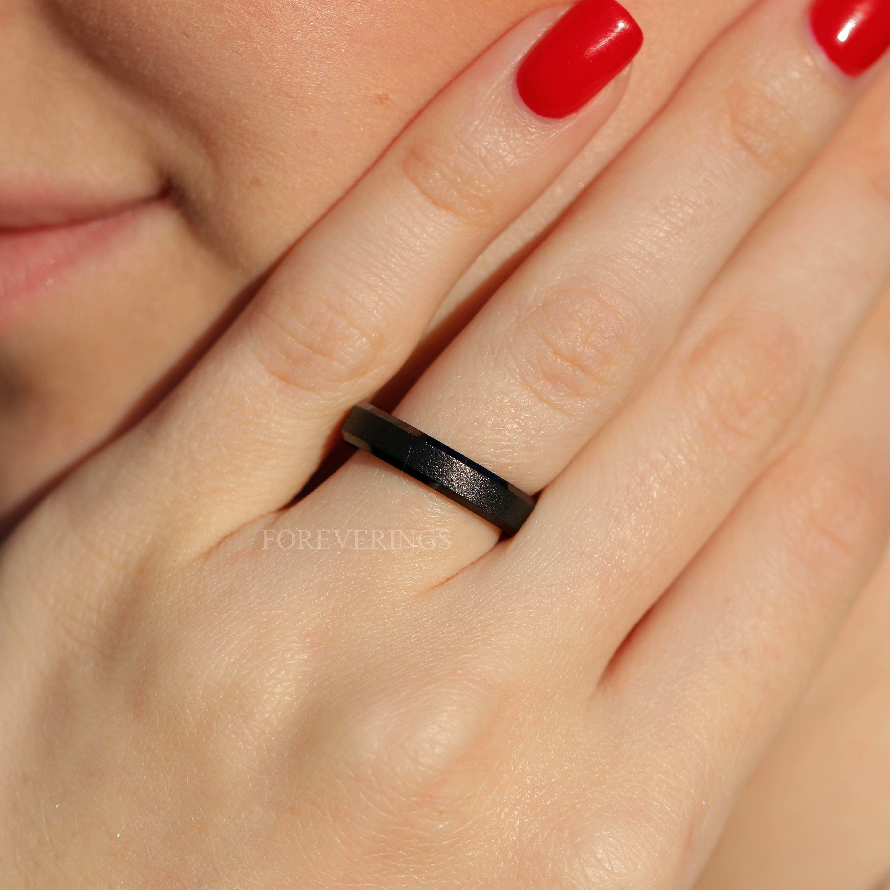 Sandblasted Black Tungsten Wedding Band, 4mm Men Women Ring, Promise Ring, Flat Beveled Ring, Ring Engraving