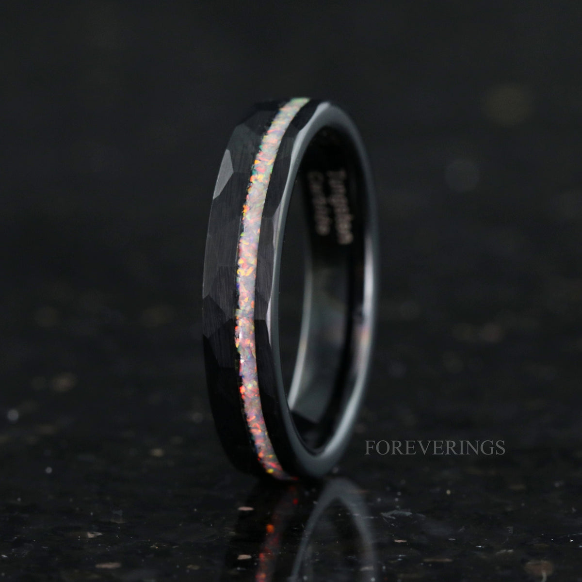 White Fire Opal Wedding Ring | 4mm Crushed Inlay Black Tungsten Band