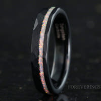 White Fire Opal Wedding Ring | 4mm Crushed Inlay Black Tungsten Band