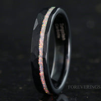 White Fire Opal Wedding Ring | 4mm Crushed Inlay Black Tungsten Band