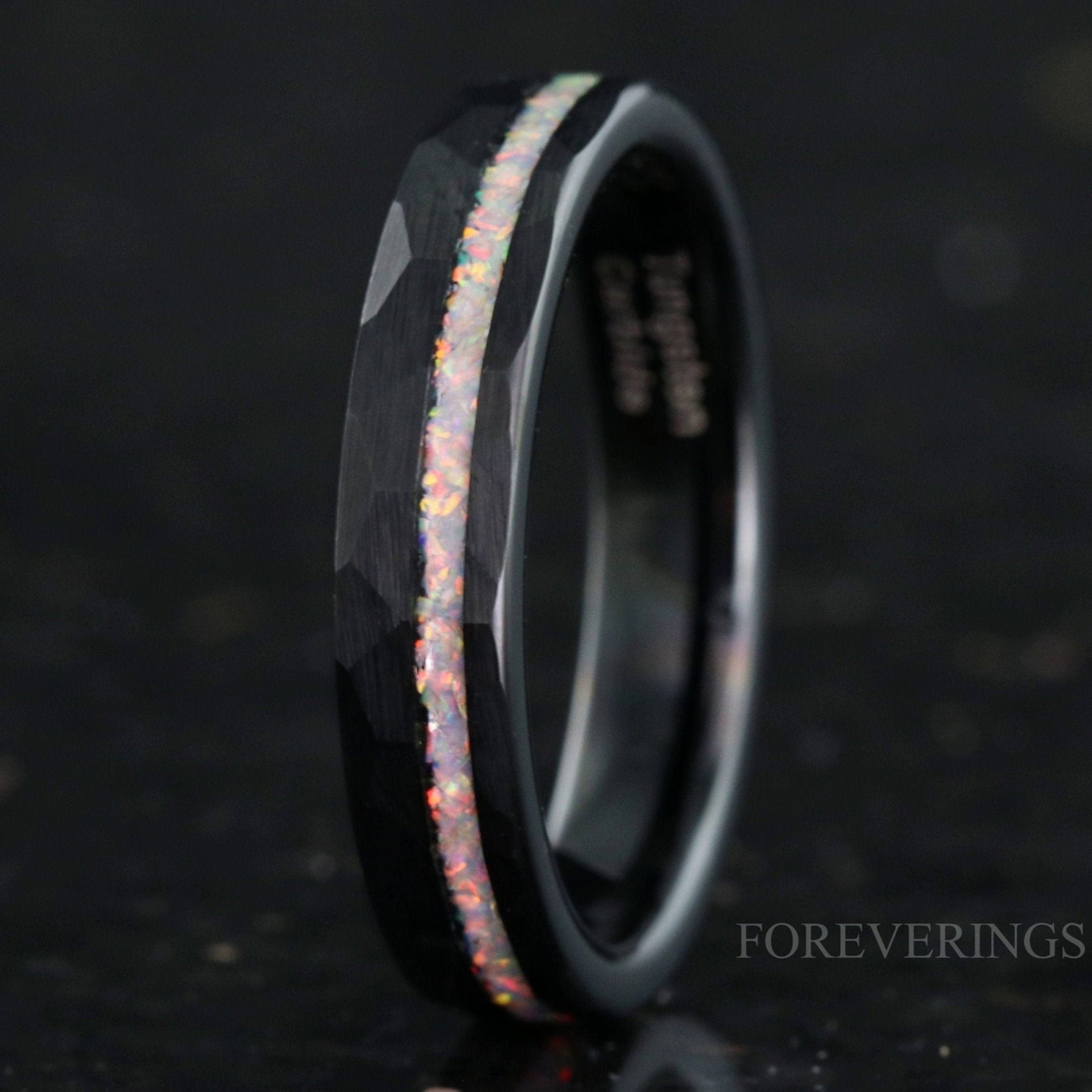 Tungsten Wedding Band, White Opal Ring, Crushed White Fire Opal Band, 4mm Band, Black Ring, Hammered, Flat, Matte Brushed, Comfort Fit