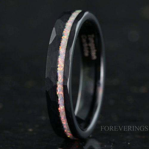 4mm black hammered tungsten ring with white fire opal inlay standing upright