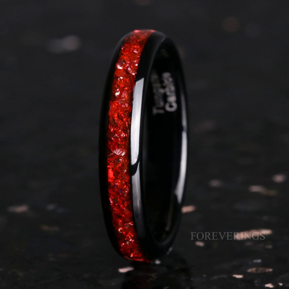 4mm Tungsten Wedding Band, Crushed Red German Glass Stones, Black Ring, Women Men Ring, Dome, Polish, Comfort Fit