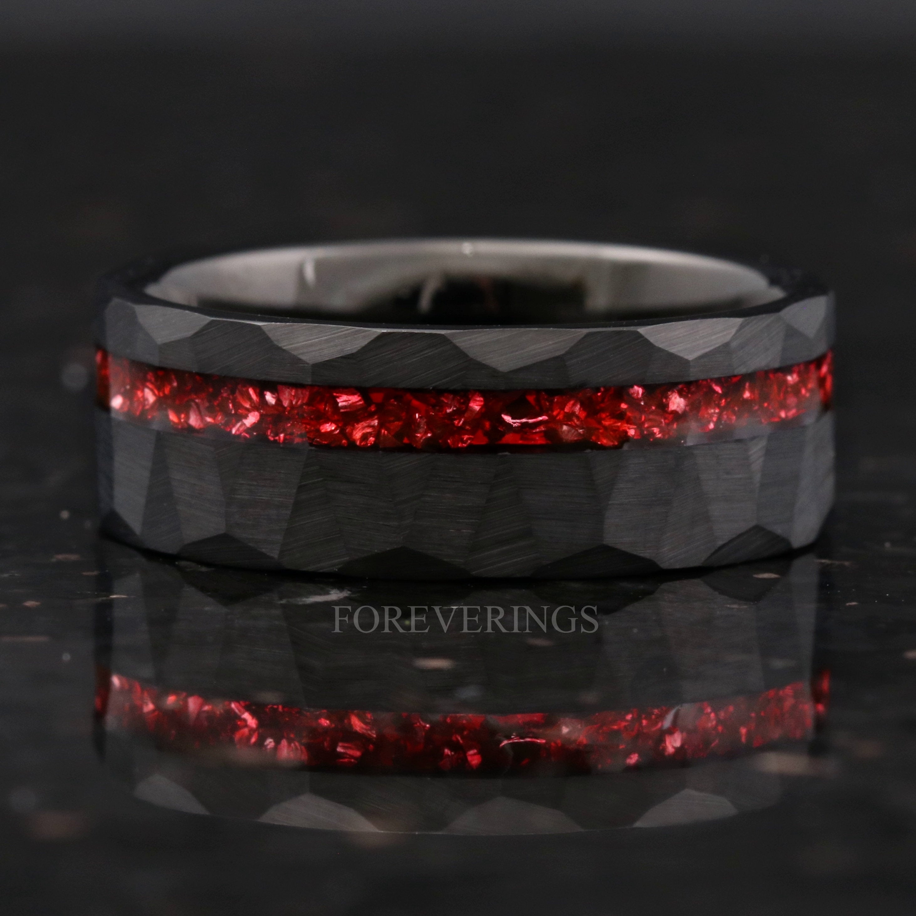 8mm Men Tungsten Wedding Band, Crushed Red German Glass Stones, Black Tungsten Ring, Hammered, Flat, Matte Brushed, Comfort Fit