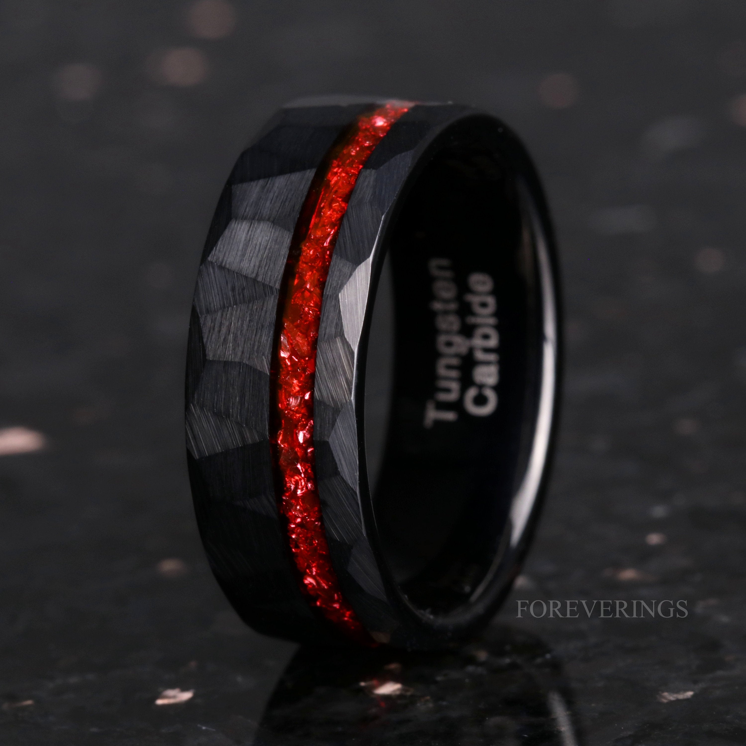 8mm Men Tungsten Wedding Band, Crushed Red German Glass Stones, Black Tungsten Ring, Hammered, Flat, Matte Brushed, Comfort Fit