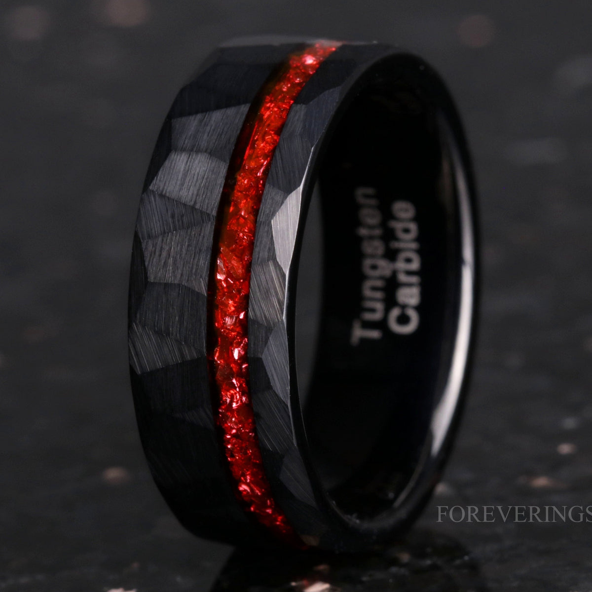 8mm Men Tungsten Wedding Band, Crushed Red German Glass Stones, Black Tungsten Ring, Hammered, Flat, Matte Brushed, Comfort Fit
