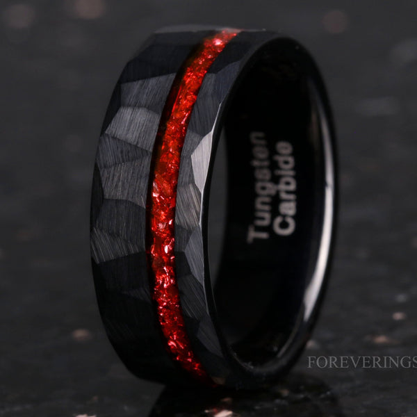 8mm Men Tungsten Wedding Band, Crushed Red German Glass Stones, Black Tungsten Ring, Hammered, Flat, Matte Brushed, Comfort Fit