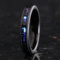 Women's 4mm black tungsten band with blue and purple sandstone inlay, standing upright in a closer view