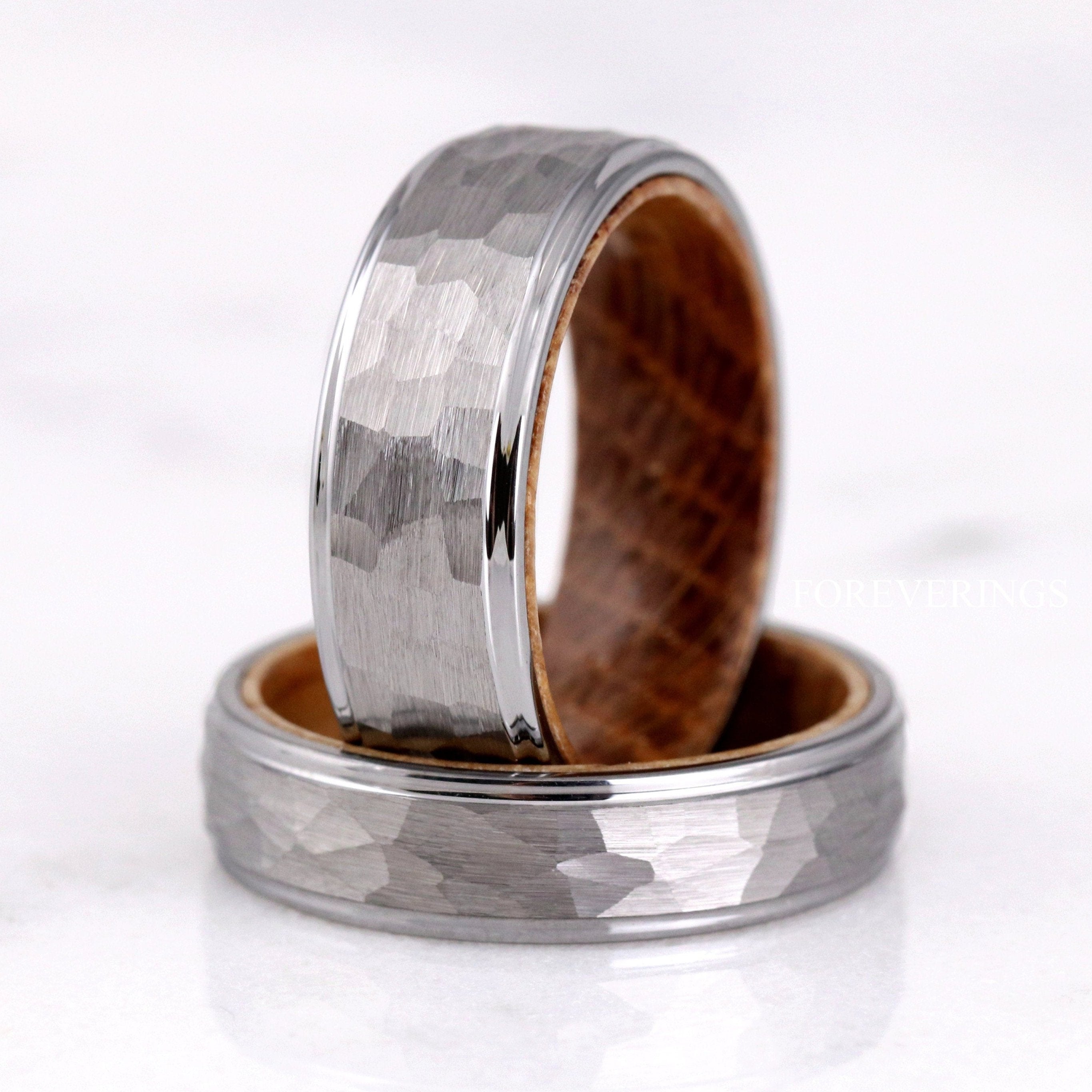 Mens Whiskey Barrel Ring, Silver Tungsten Wedding Band, Wood Ring, 8mm 6mm, Matte Brushed, Hammered, Flat, Comfort Fit, Anniversary Gift