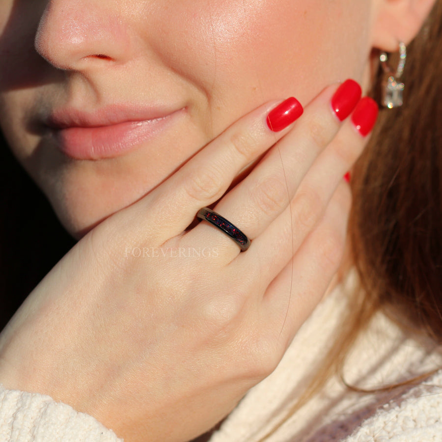 Black Fire Opal Ring | Black Ceramic Band | 4mm