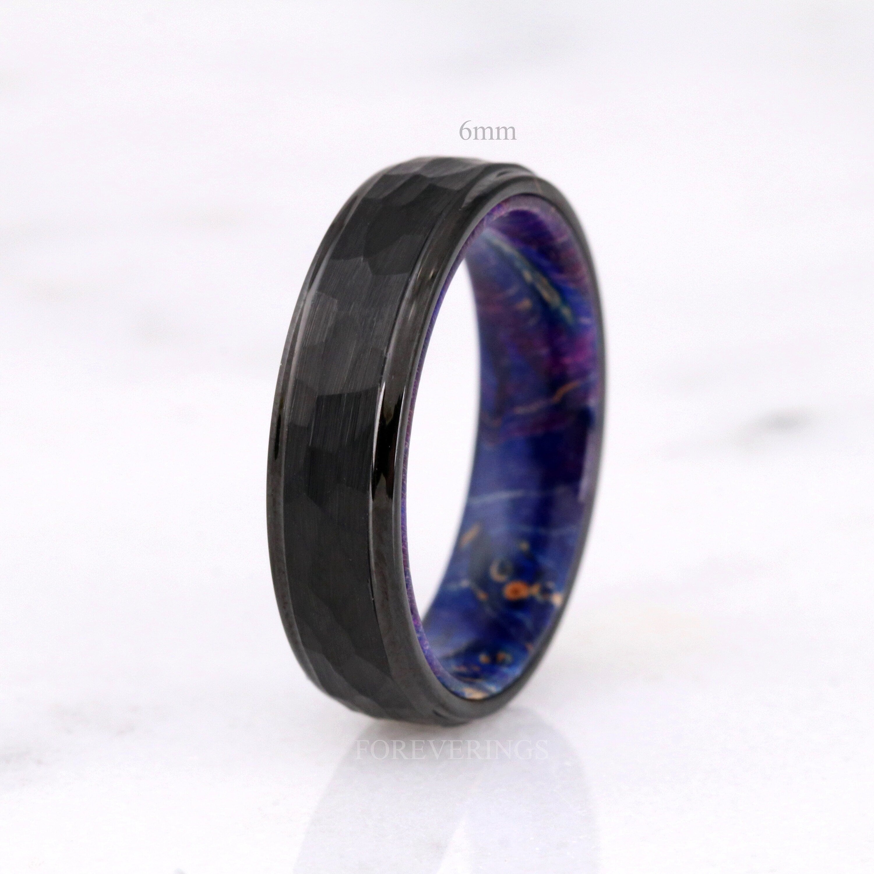 Man Wood Wedding Band, Hammered Black Tungsten Ring, Blue Wood, Black and Blue Ring, Brushed Matte, Flat, Unique Anniversary Gift for Him