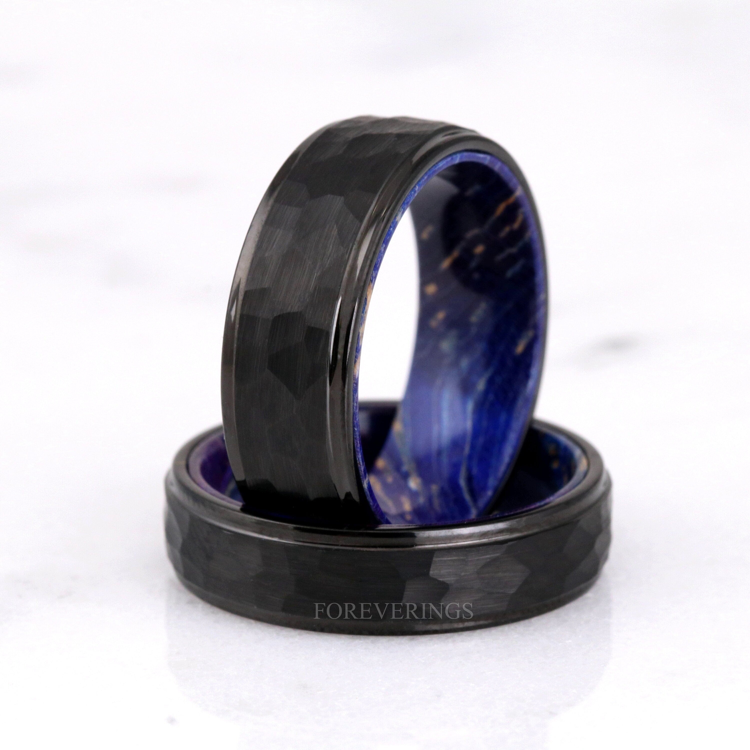 Man Wood Wedding Band, Hammered Black Tungsten Ring, Blue Wood, Black and Blue Ring, Brushed Matte, Flat, Unique Anniversary Gift for Him