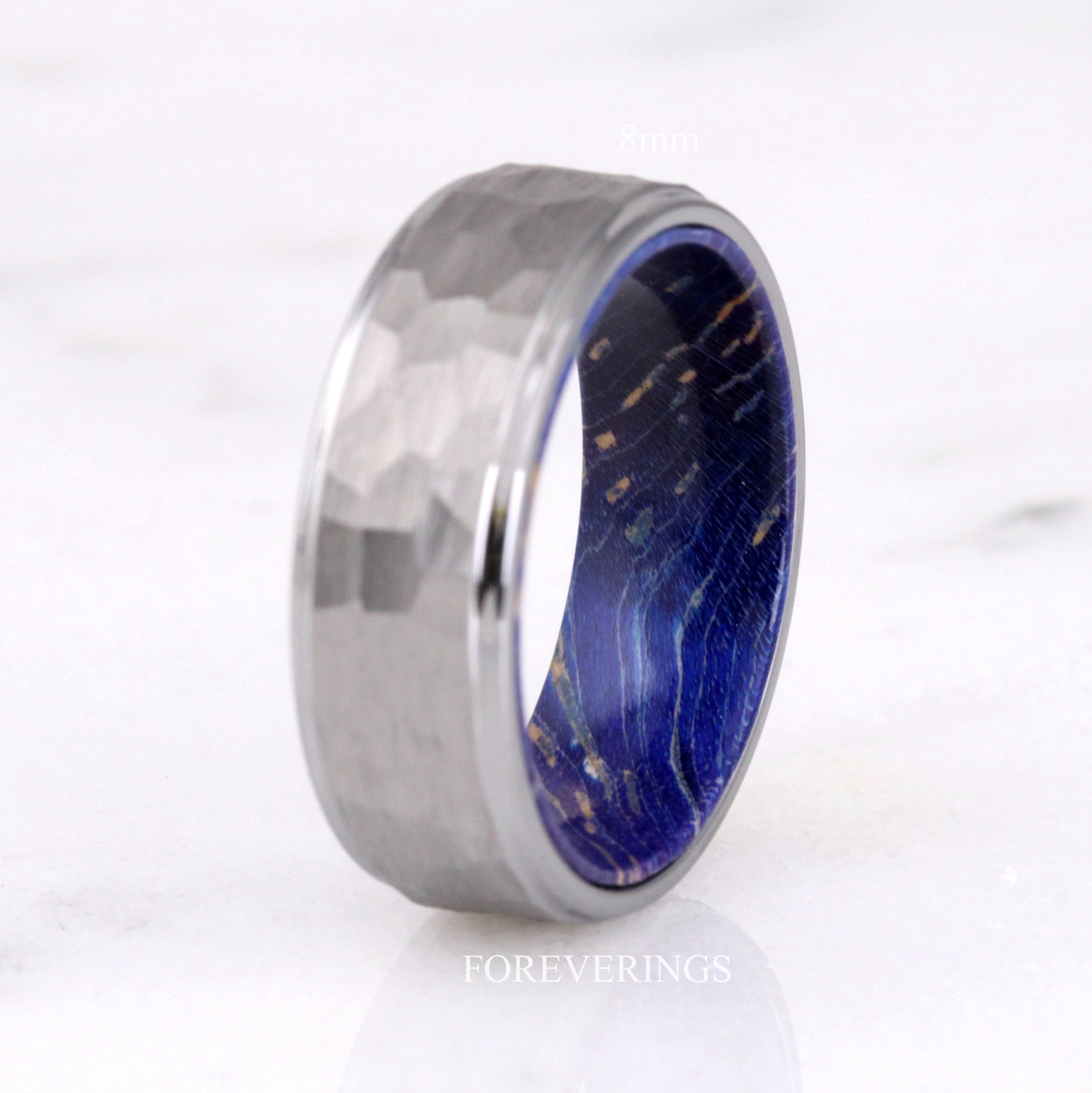 Mens Blue Wood Ring, Silver Tungsten Wedding Band, 8mm-6mm, Brushed Matte, Flat, Unique Ring, Gift for Him, Nature Ring, Anniversary Gift