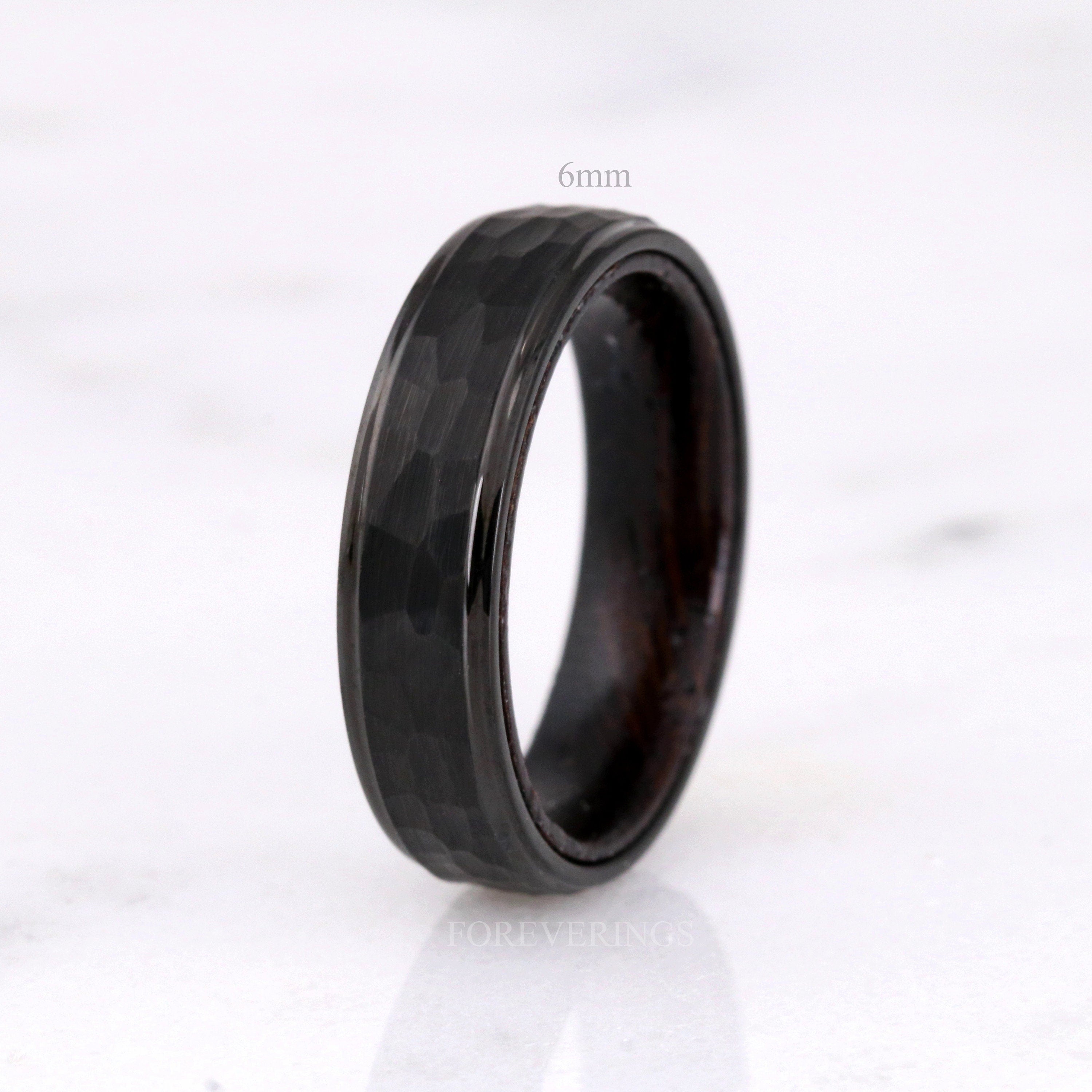 8mm Wenge Wood Ring, Hammered Tungsten Wedding Band, Dark Wood Ring, Black, Matte Brushed, Flat, Hammer, Comfort Fit