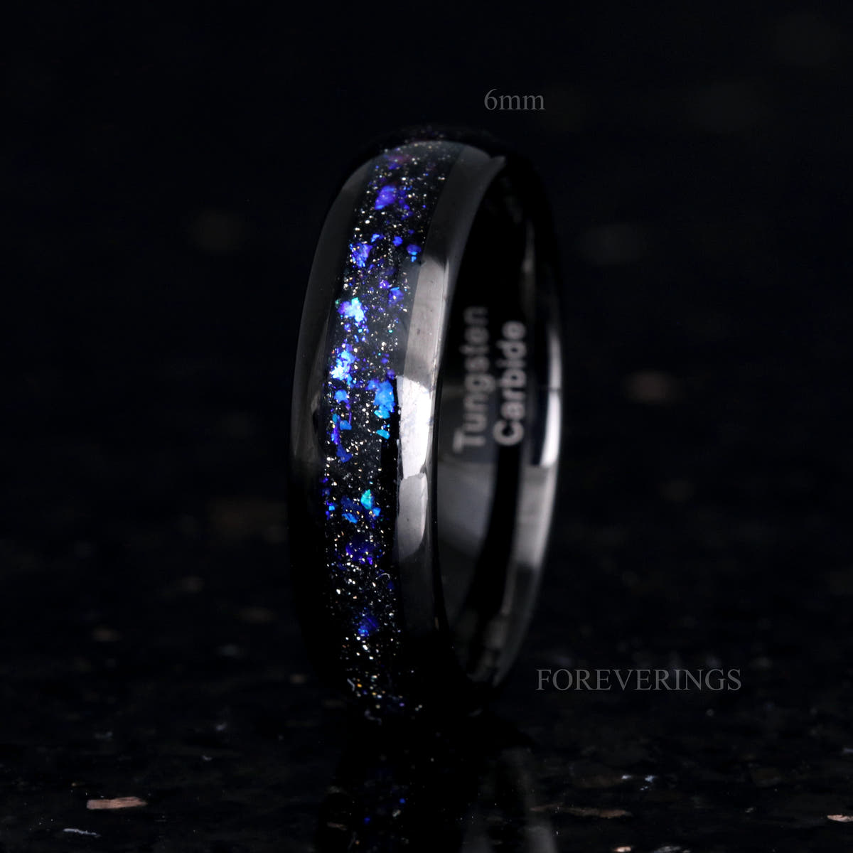 6mm black tungsten nebula band with purple and blue sandstone inlay, standing upright