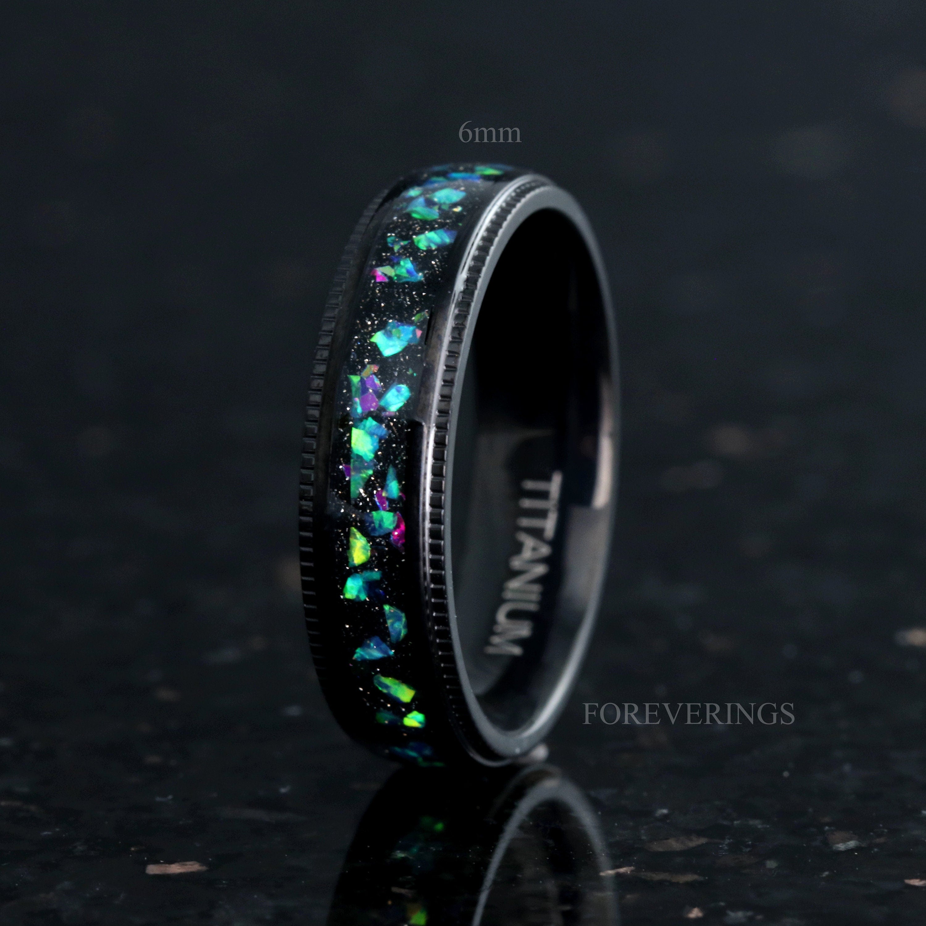 Mens Black Galaxy Opal Ring, Milgrain, Men Titanium Wedding Band, Black, Domed, Polished, Comfort Fit, Birthday Anniversary Gift for Him