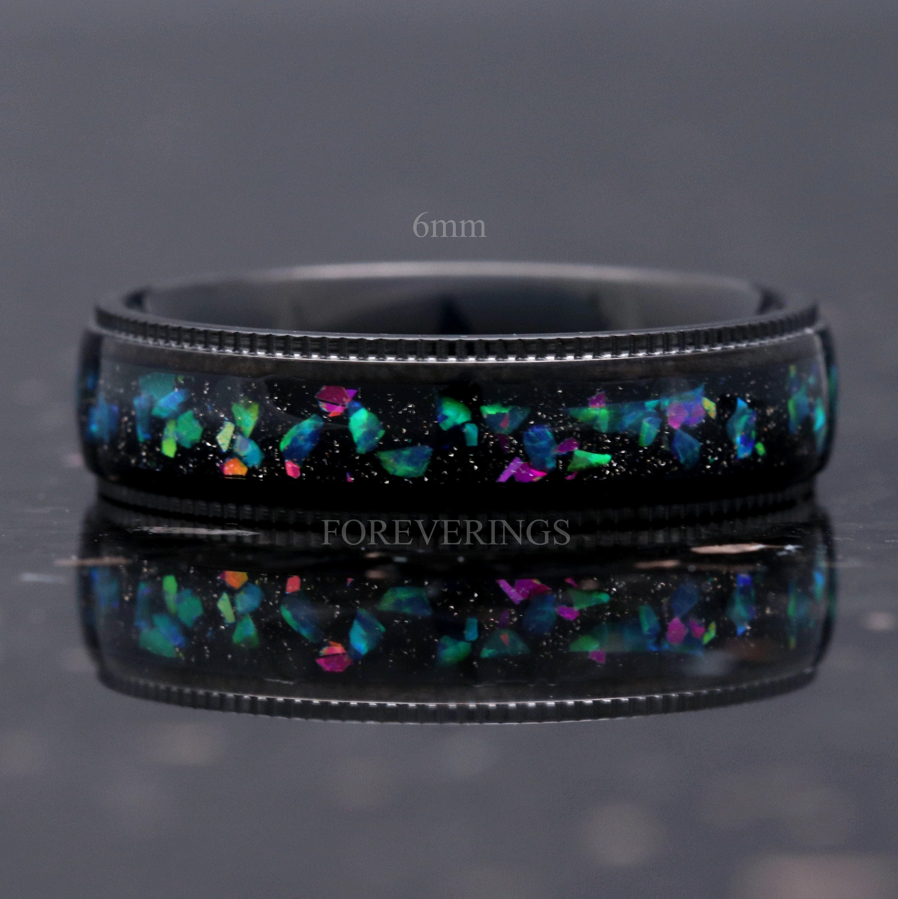 Mens Black Galaxy Opal Ring, Milgrain, Men Titanium Wedding Band, Black, Domed, Polished, Comfort Fit, Birthday Anniversary Gift for Him