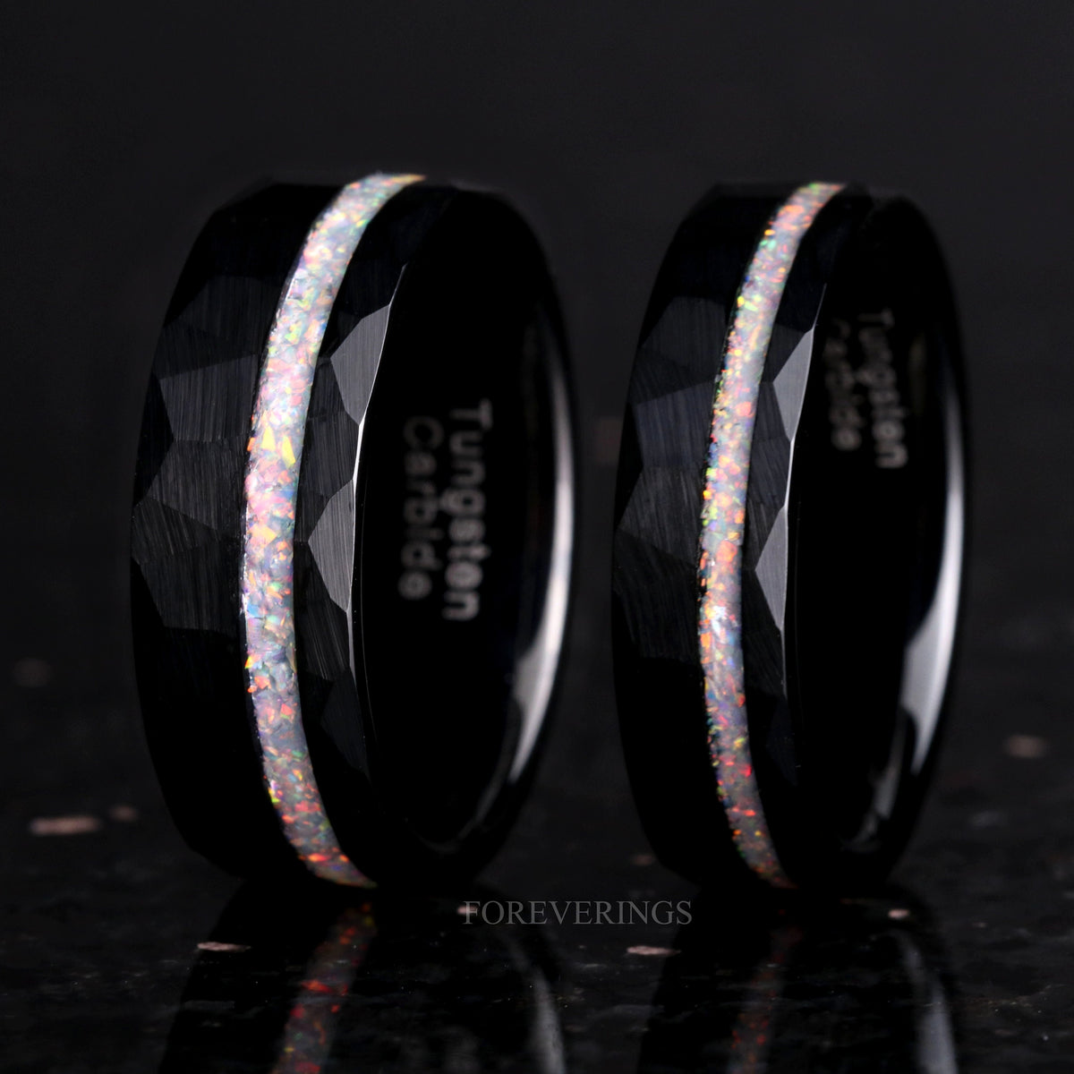 White Fire Opal Mens Wedding Band | 8mm-6mm Black Tungsten