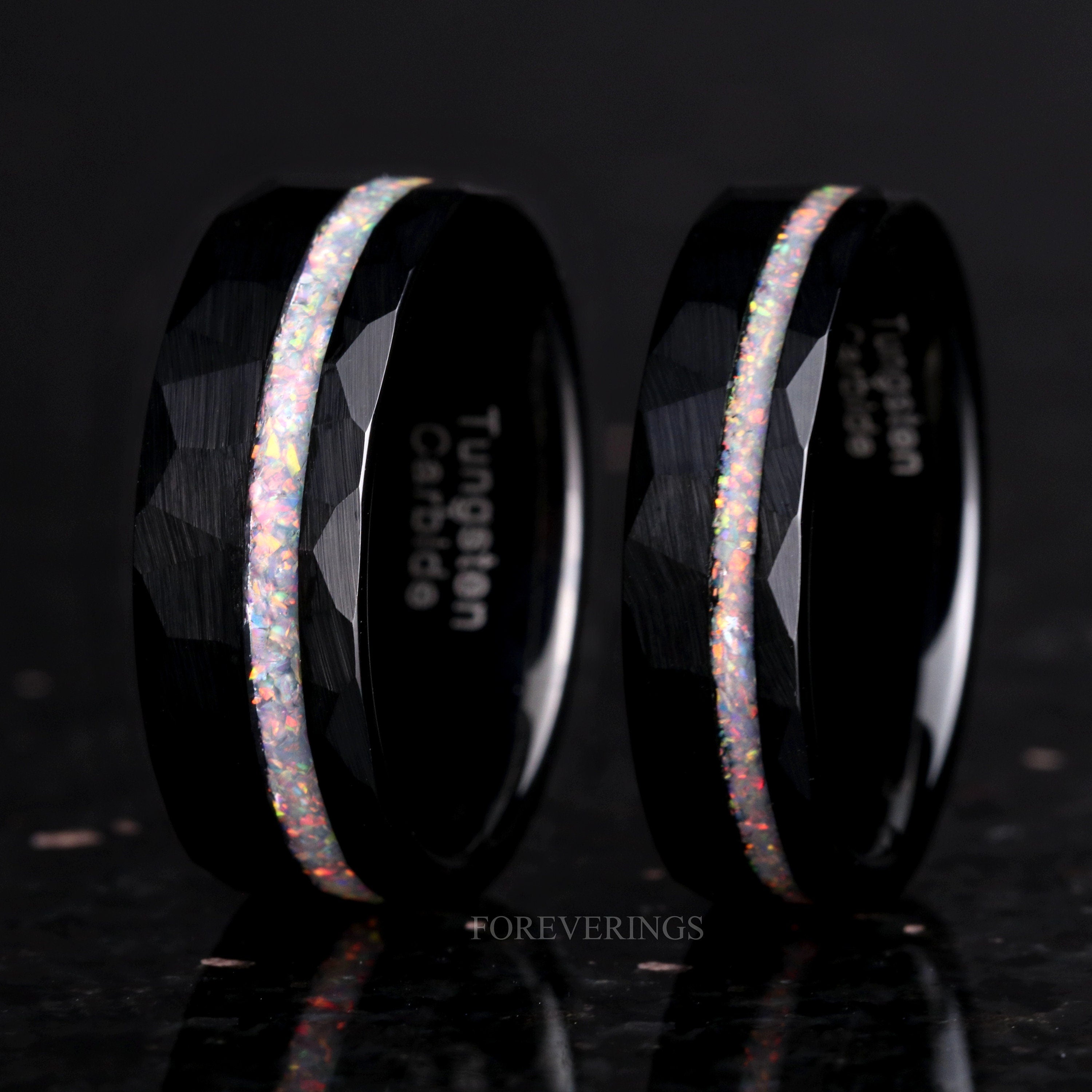 Mens Opal Wedding Band, Black Tungsten Ring, 8mm-6mm, Crushed White Fire Opal, Hammered, Brushed, Flat, Man Engagement Ring, Engraving