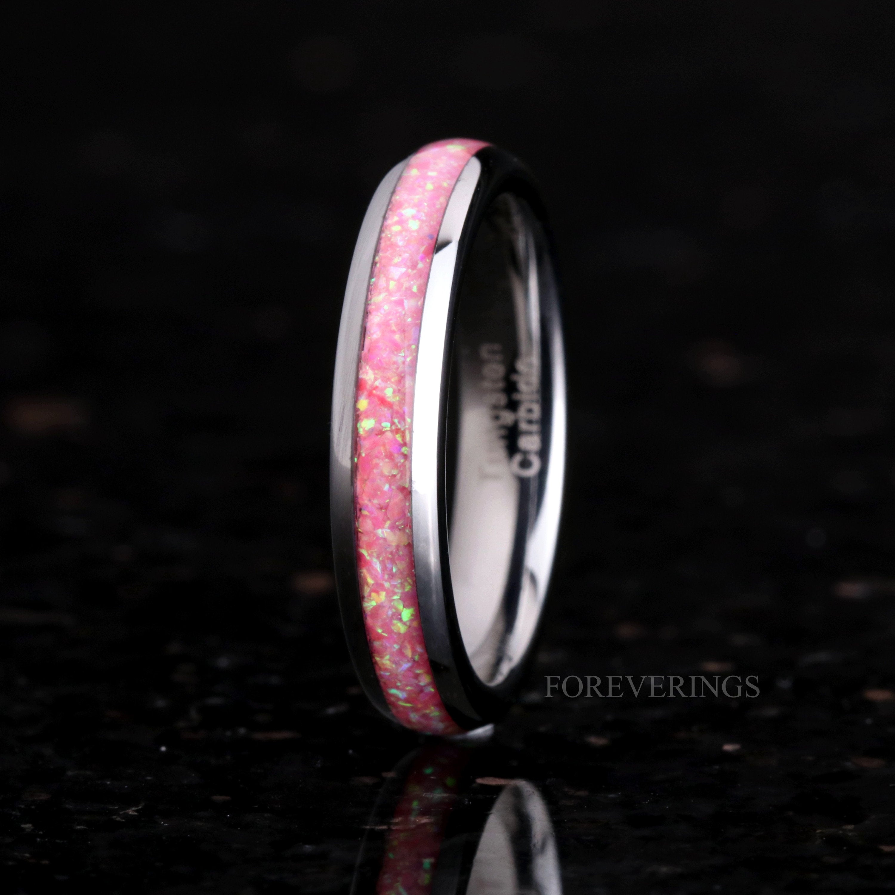 Pink Opal Ring, Woman Tungsten Wedding Band, Pink Fire Opal Band, Pink Band, Women Men Ring, Silver Tungsten Ring, Dome, Polish, Engraving