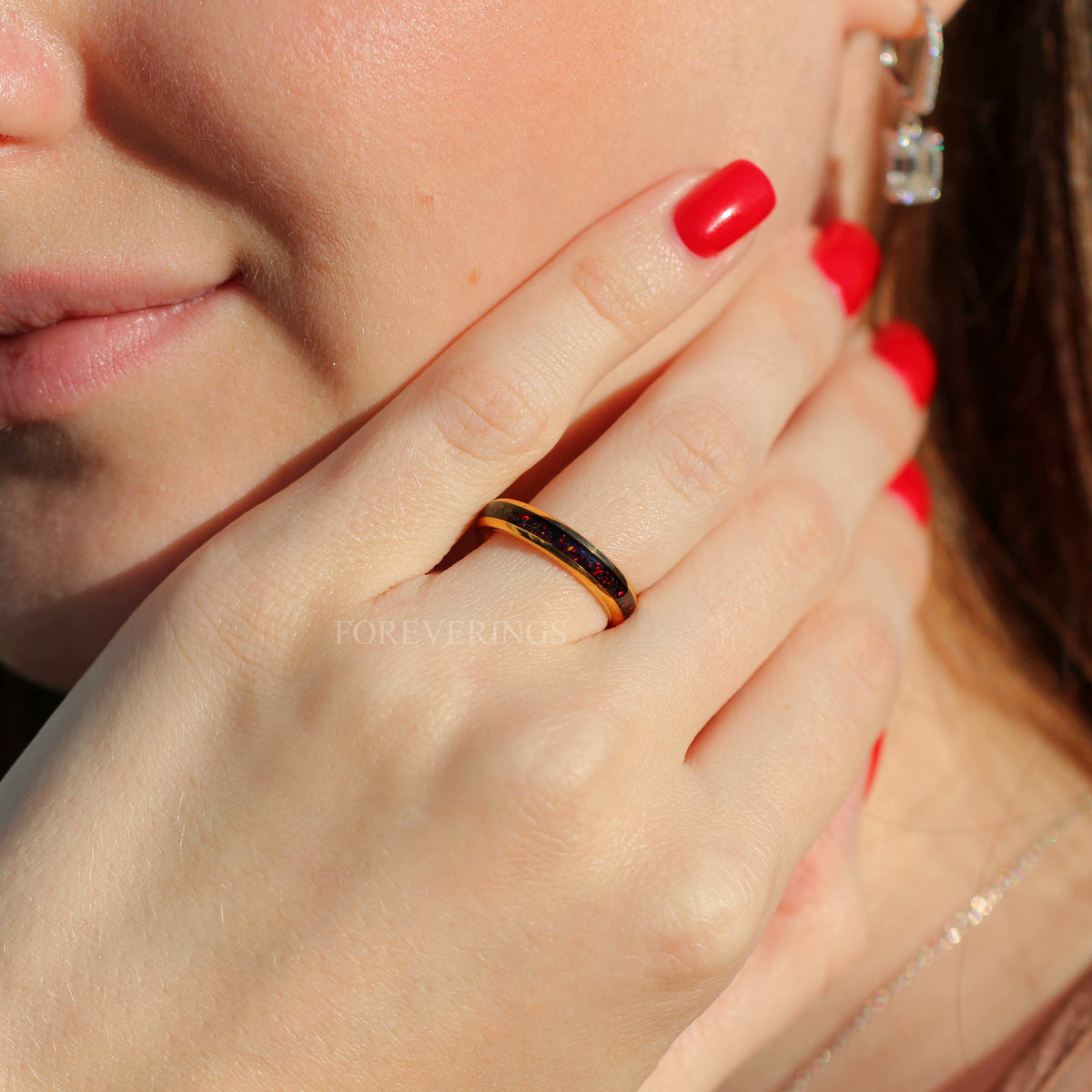 Crushed Black Fire Opal Ring | 4mm Gold Tungsten Band