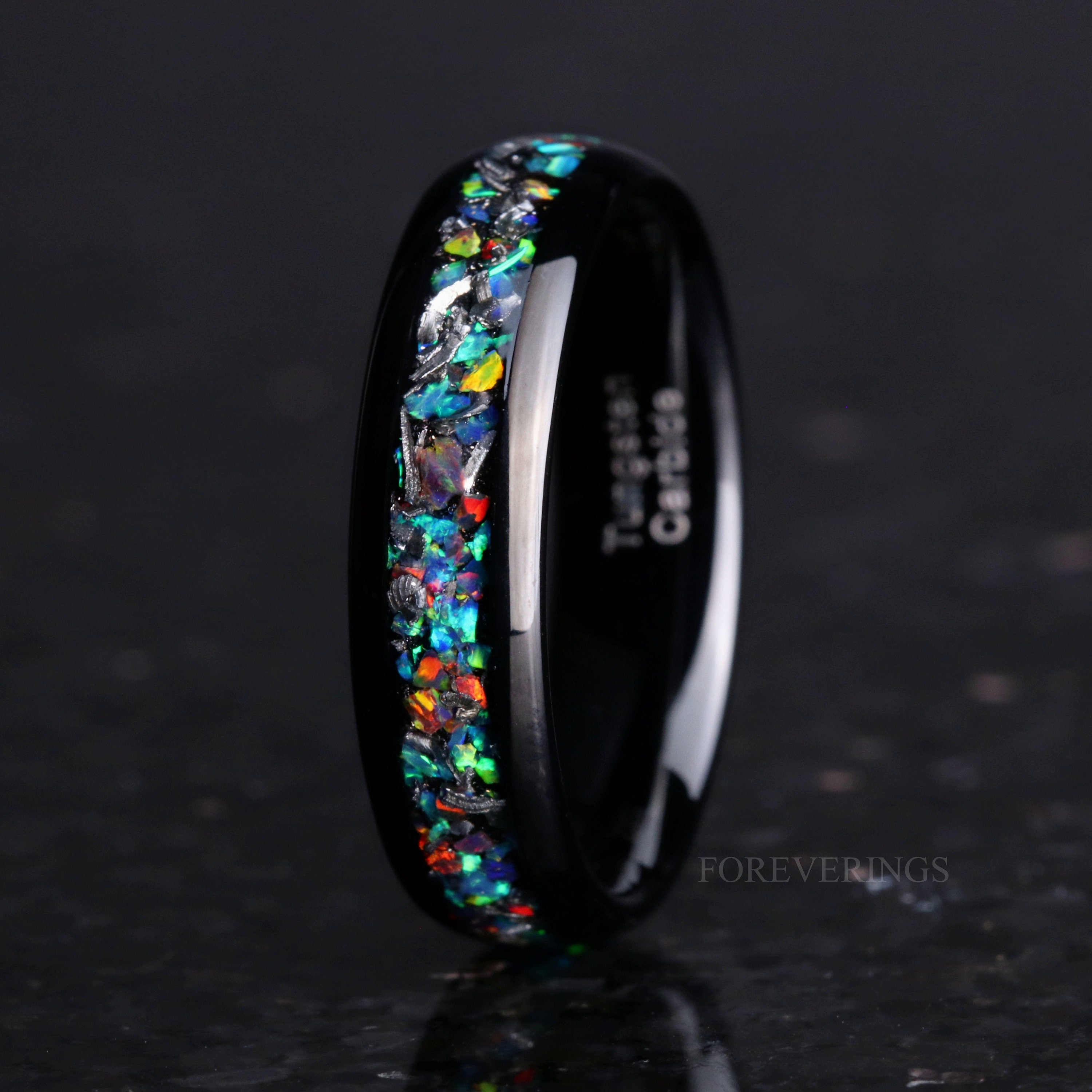 Mens Meteorite Galaxy Opal Ring, Black Tungsten Ring, 8mm 6mm Mens Wedding Band, Unique Meteorite and Opal Ring, Ring Engraving