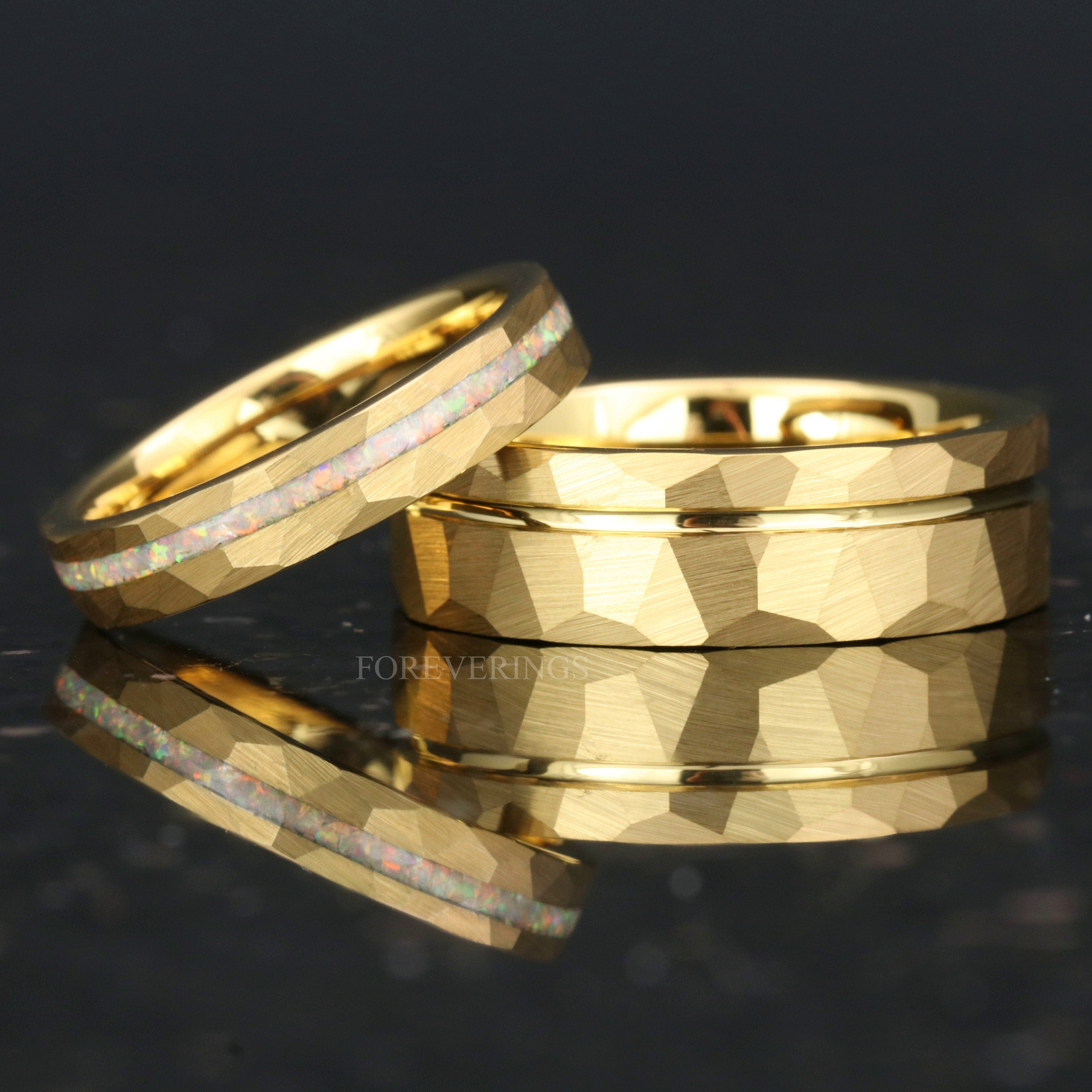 His and Hers Tungsten Wedding Band, Crushed White Fire Opal, 7mm & 4mm Rings, Yellow Gold Plated, Hammer, Flat, Brushed, Comfort Fit