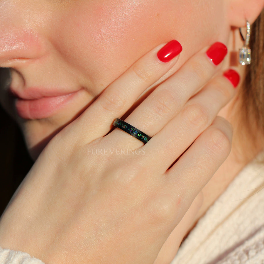 Galaxy Opal Hammered Matte Black Tungsten Band | 4mm Flat Ring