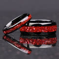 Matching black tungsten couples ring set with crushed ruby inlay, 8mm and 4mm
