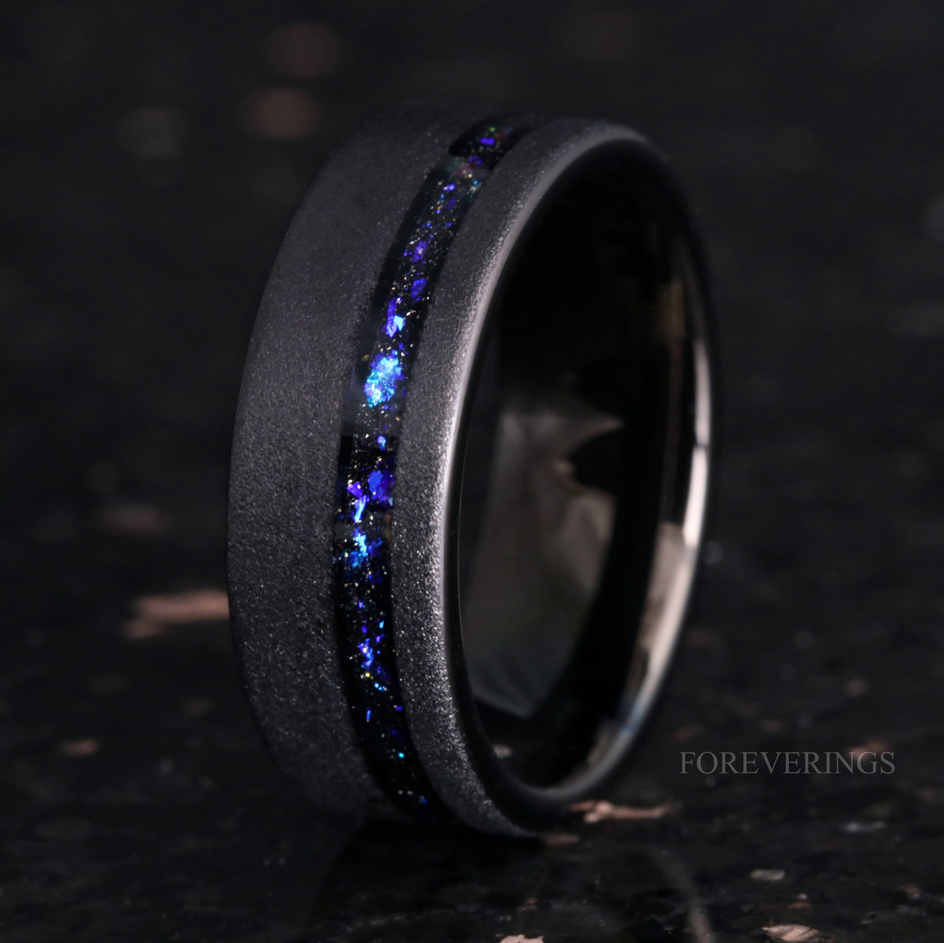 Orion Nebula Ring Set, His and Hers Tungsten Wedding Band, 8mm & 4mm Black Ring, Outer Space Couples Ring, Sandblasted, Flat, Ring Engraving