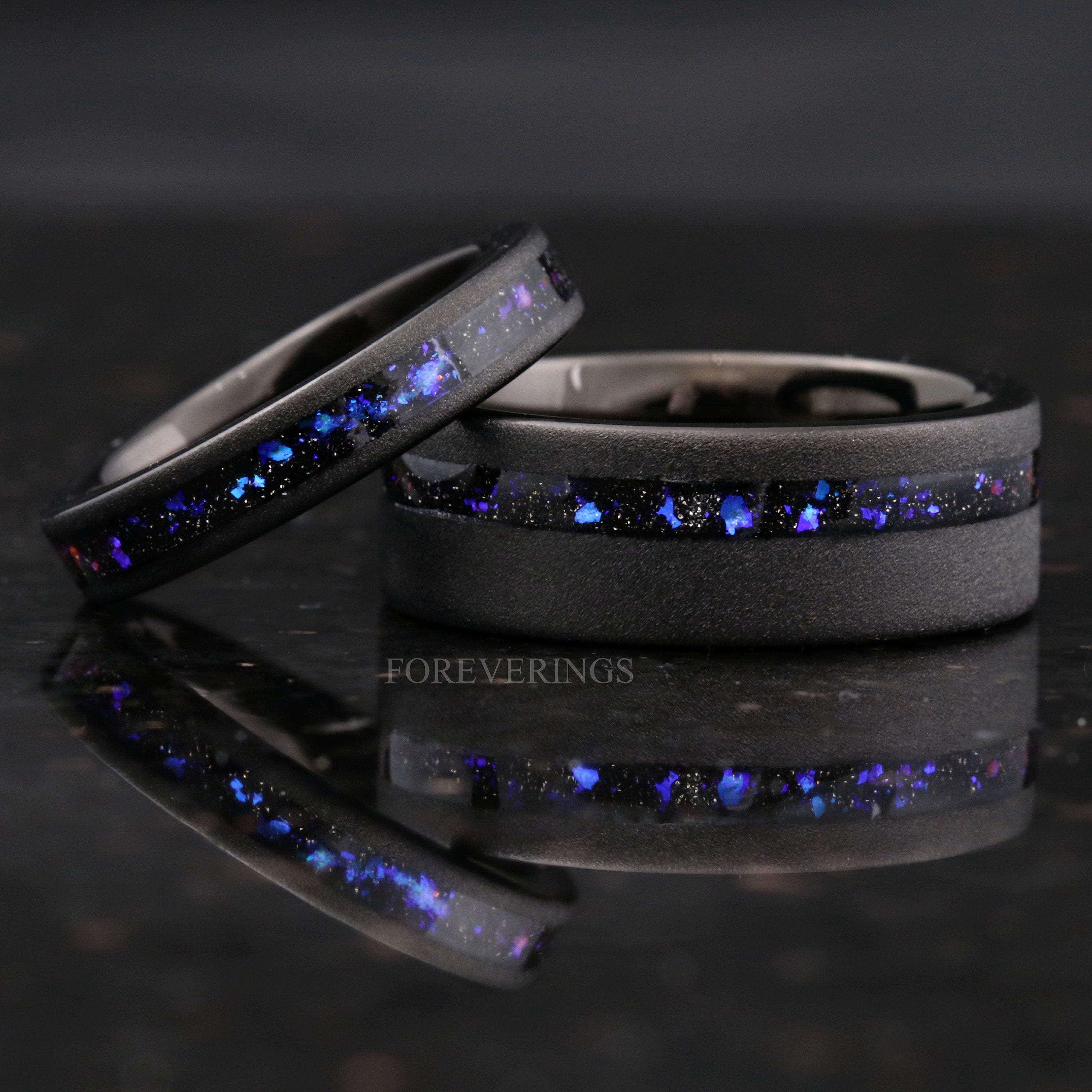 Orion Nebula Ring Set, His and Hers Tungsten Wedding Band, 8mm & 4mm Black Ring, Outer Space Couples Ring, Sandblasted, Flat, Ring Engraving