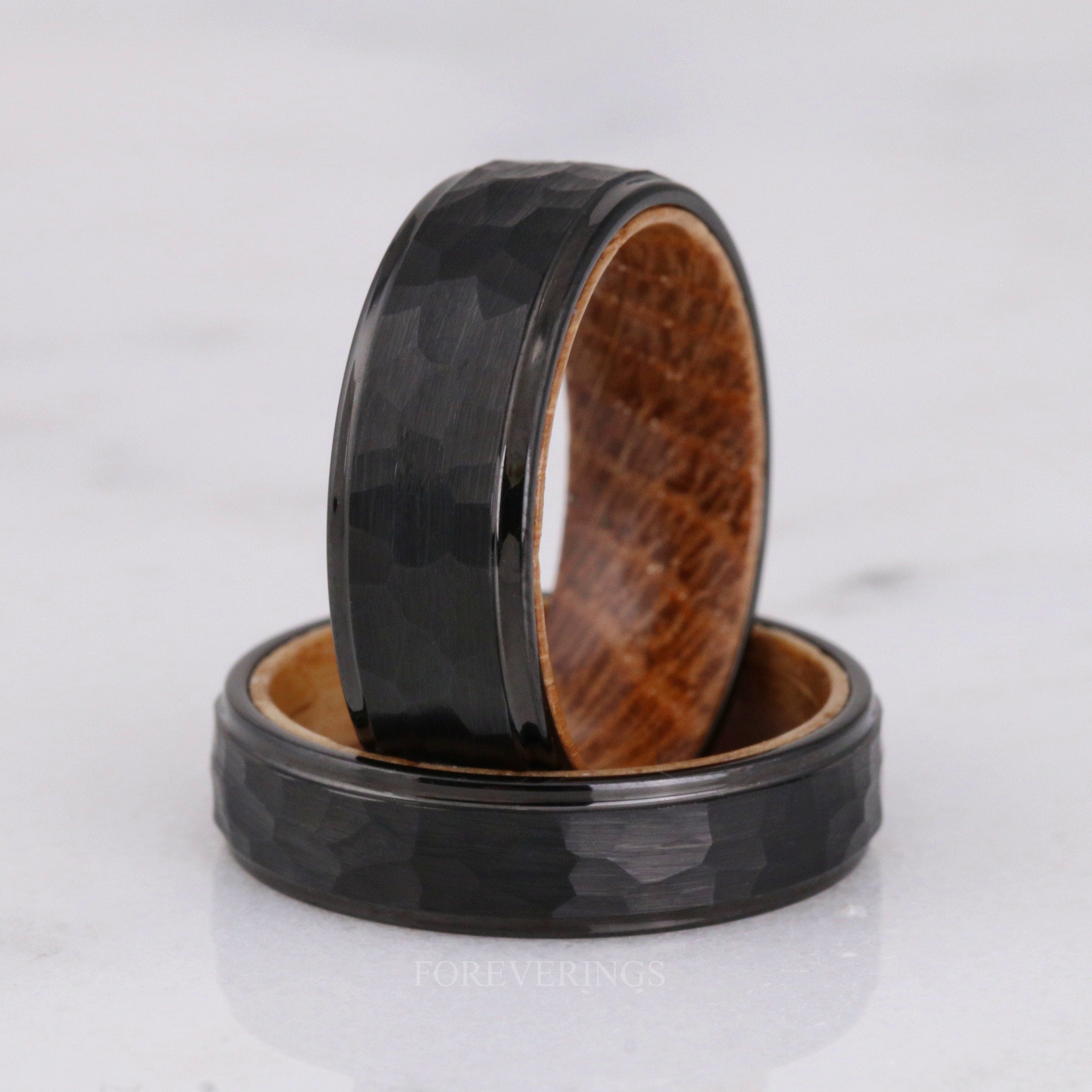 Mens Whiskey Barrel Ring, Black Tungsten Wedding Band, Metal Wood Ring, 8mm-6mm, Matte Brush, Hammered, Flat, Comfort Fit, Anniversary Gift