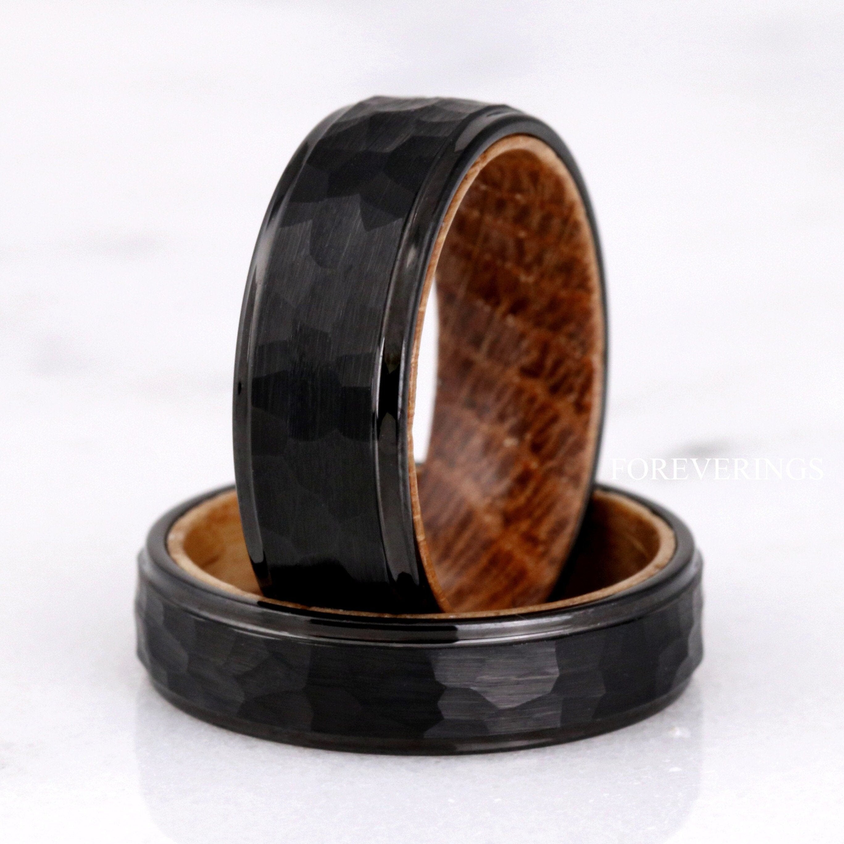 Mens Whiskey Barrel Ring, Black Tungsten Wedding Band, Metal Wood Ring, 8mm-6mm, Matte Brush, Hammered, Flat, Comfort Fit, Anniversary Gift