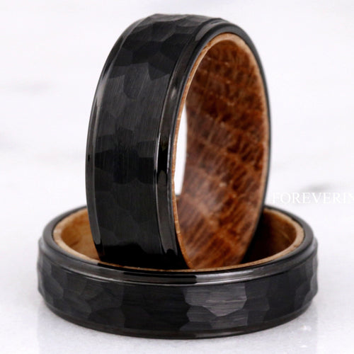 Mens Whiskey Barrel Ring, Black Tungsten Wedding Band, Metal Wood Ring, 8mm-6mm, Matte Brush, Hammered, Flat, Comfort Fit, Anniversary Gift